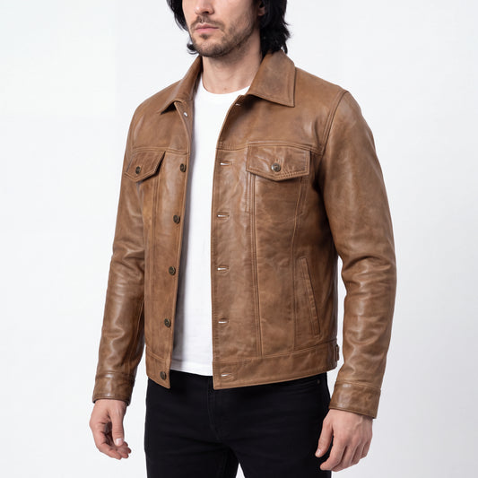 Canyon Marshal Men’s Camel Brown Leather Trucker Jacket