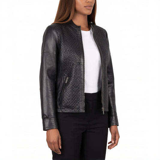 Colette Women’s Black Textured Leather Cafe Racer Jacket
