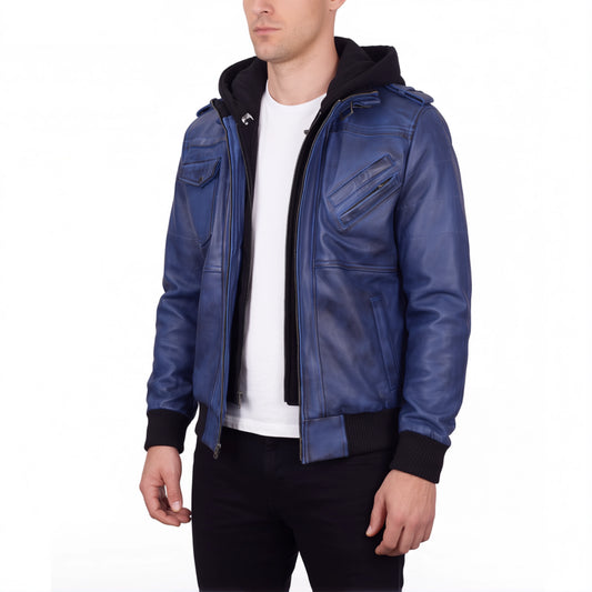 Crosslane Men’s Blue Leather Bomber Jacket with Removable Hood