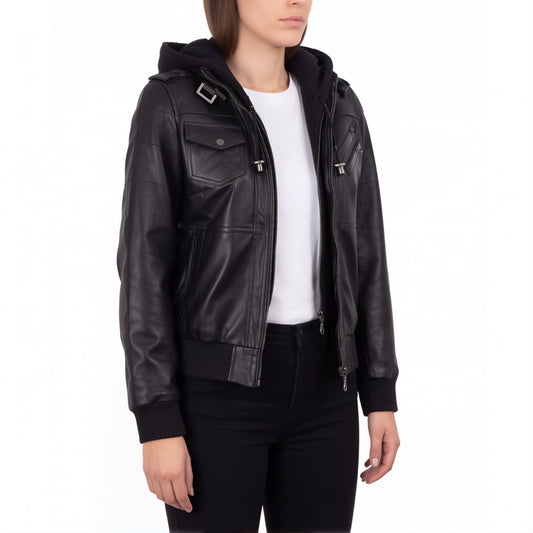 Crosslane Women's Black Leather Bomber Jacket with Removable Hood