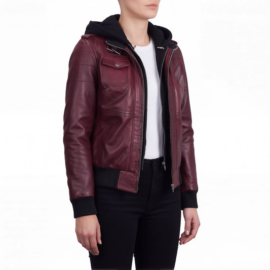 Crosslane Womens Maroon Leather Bomber Jacket with Removable Hood