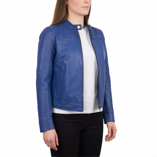 Juliette Women’s Blue Cafe Racer Style Biker Leather Jacket