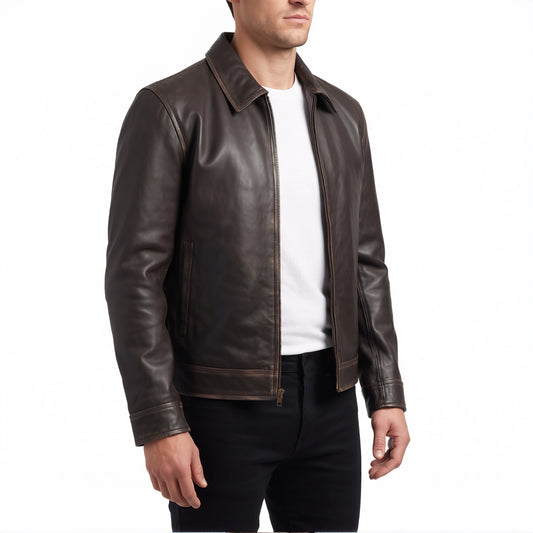 Pierce Men’s Rub-Off Brown Harrington Leather Jacket