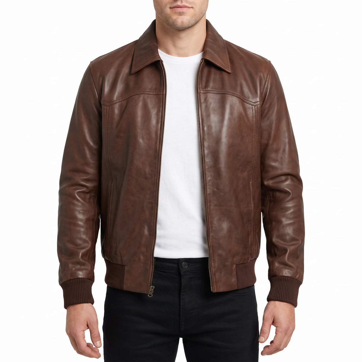 Alden Men’s Brown Vintage Harrington Bomber Leather Jacket