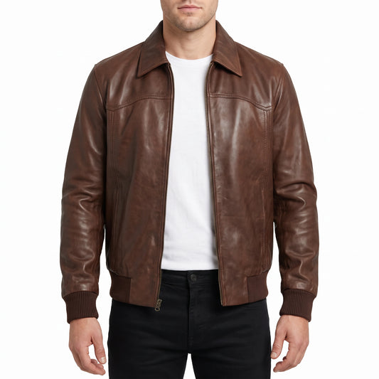 Alden Men’s Brown Vintage Harrington Bomber Leather Jacket