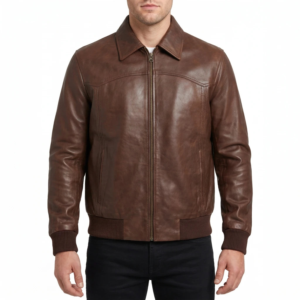 Alden Men’s Brown Vintage Harrington Bomber Leather Jacket
