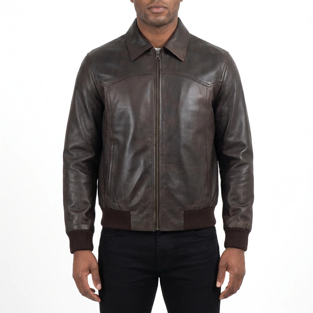 Alden Men’s Dark Brown Vintage Harrington Bomber Leather Jacket