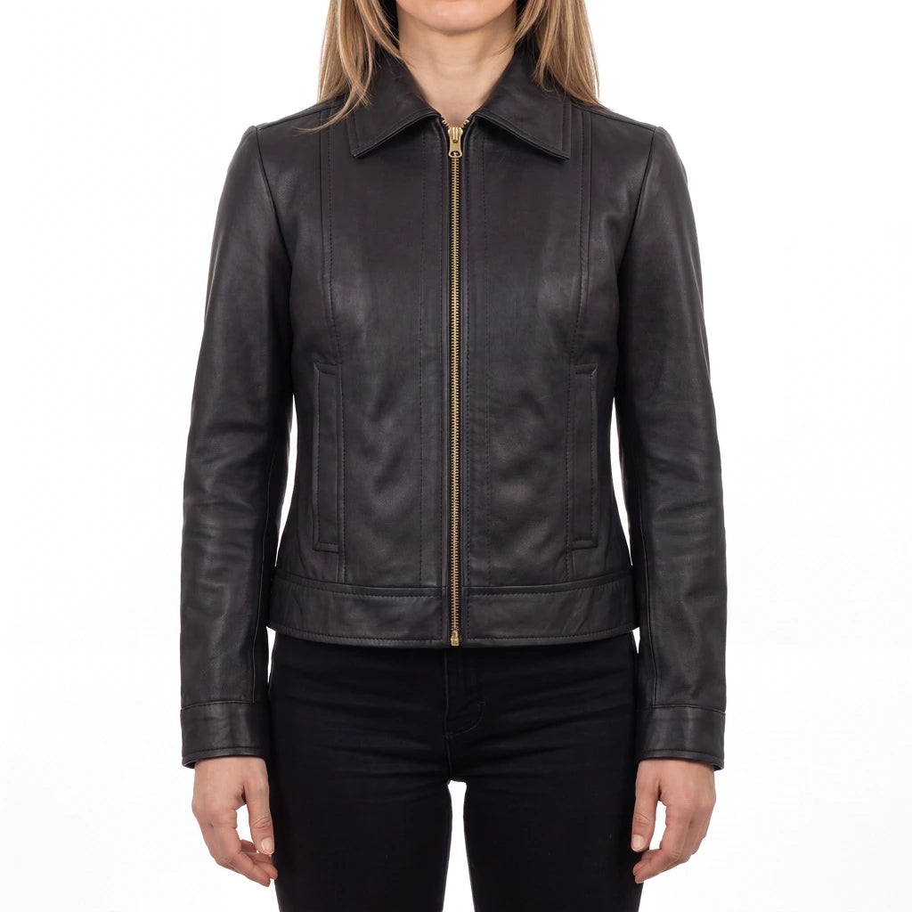 Arabella Women’s Matte Black Leather Harrington Jacket