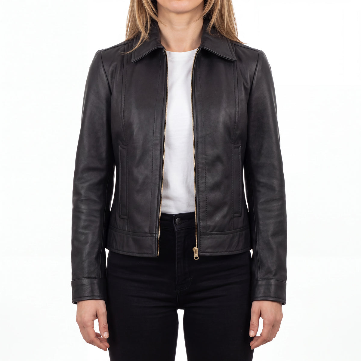 Arabella Women’s Matte Black Leather Harrington Jacket