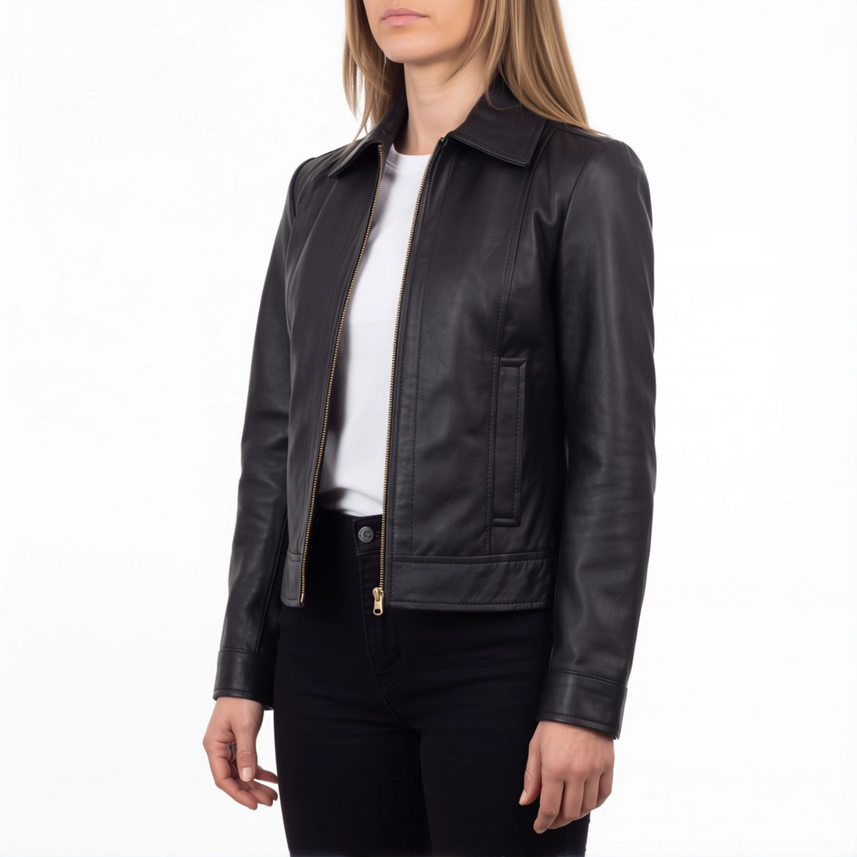 Arabella Women’s Matte Black Leather Harrington Jacket