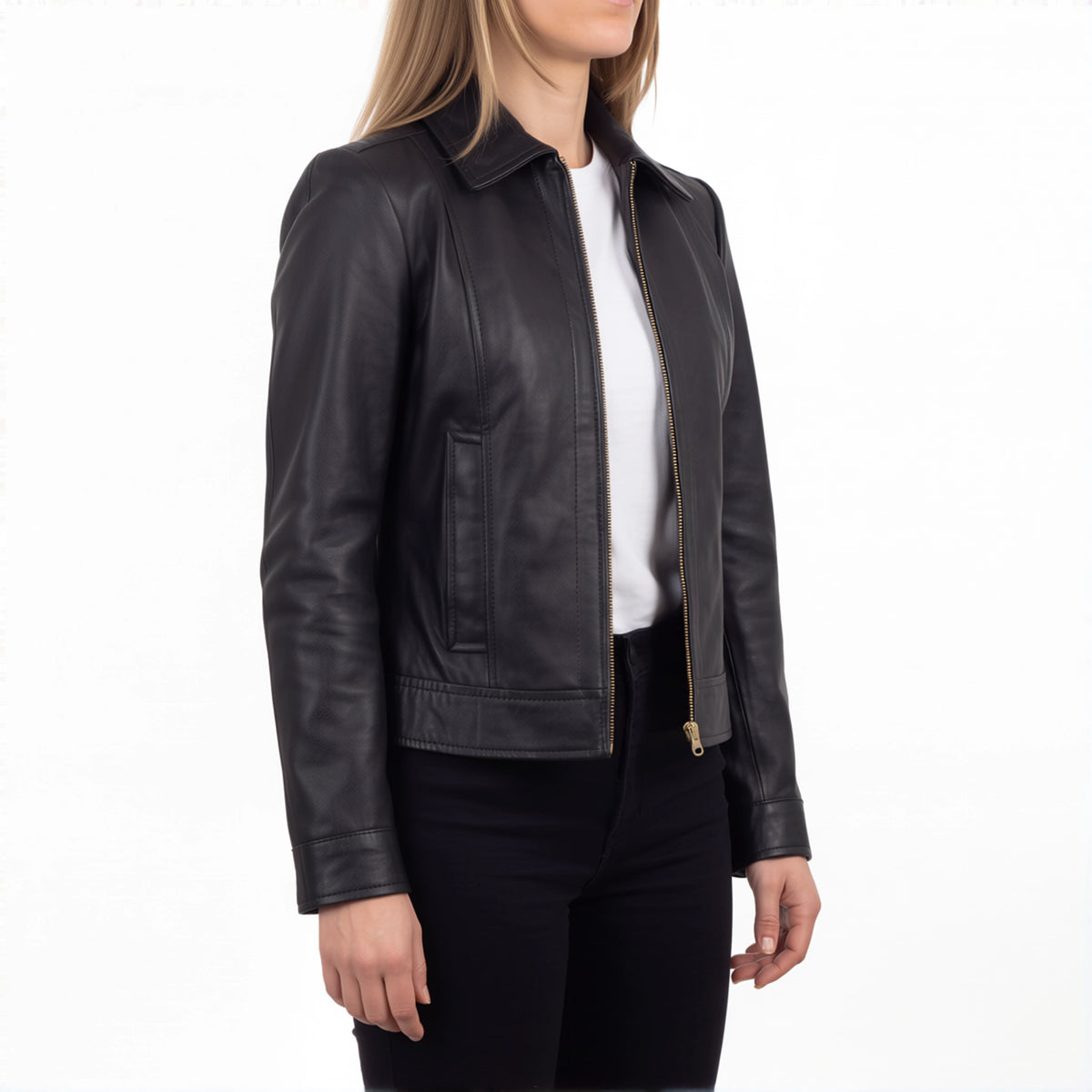 Arabella Women’s Matte Black Leather Harrington Jacket