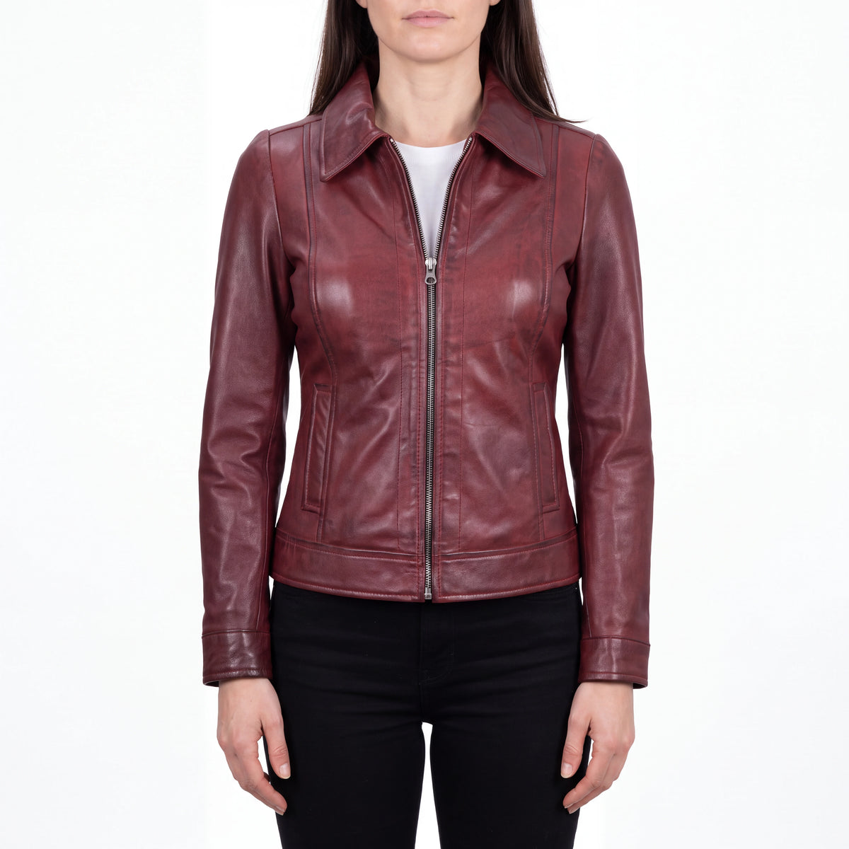 Arabella Women’s Maroon Leather Harrington Jacket