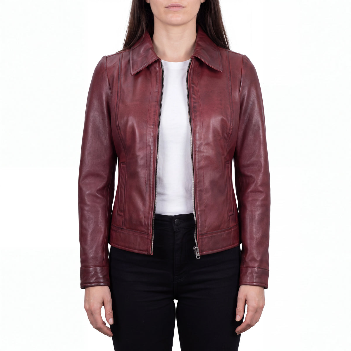 Arabella Women’s Maroon Leather Harrington Jacket