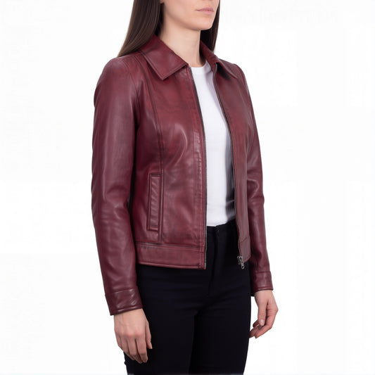 Arabella Women’s Maroon Leather Harrington Jacket