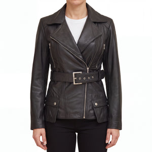 Aveline Women’s Black Belted Leather Biker Jacket