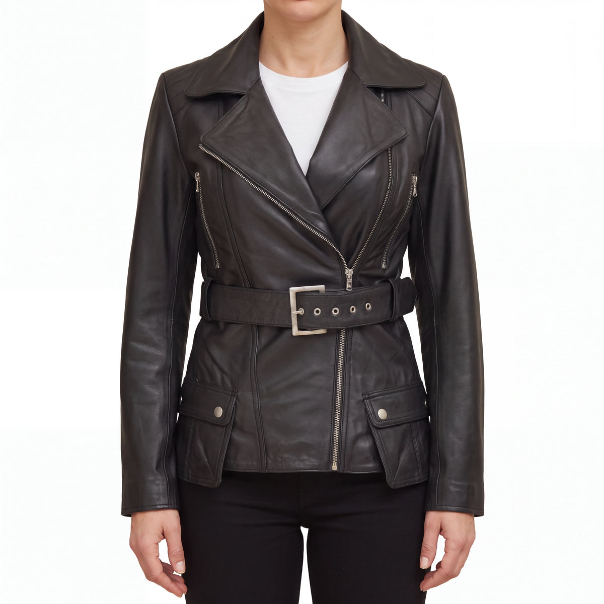 Aveline Women’s Black Belted Leather Biker Jacket