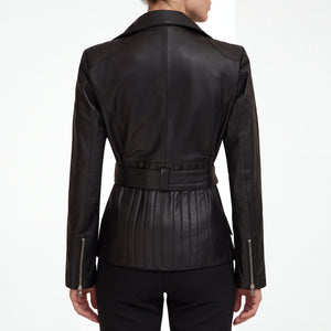 Aveline Women’s Black Belted Leather Biker Jacket