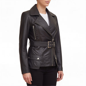 Aveline Women’s Black Belted Leather Biker Jacket