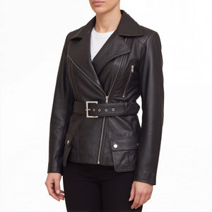 Aveline Women’s Black Belted Leather Biker Jacket