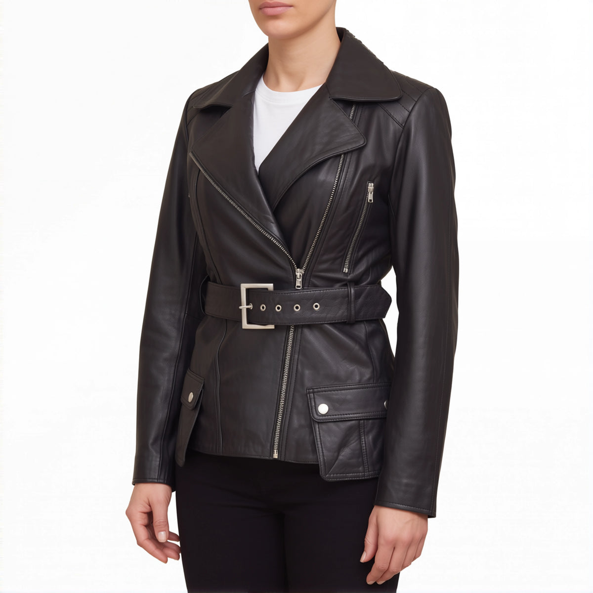 Aveline Women’s Black Belted Leather Biker Jacket