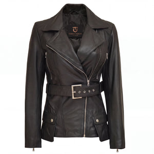 Aveline Women’s Black Belted Leather Biker Jacket