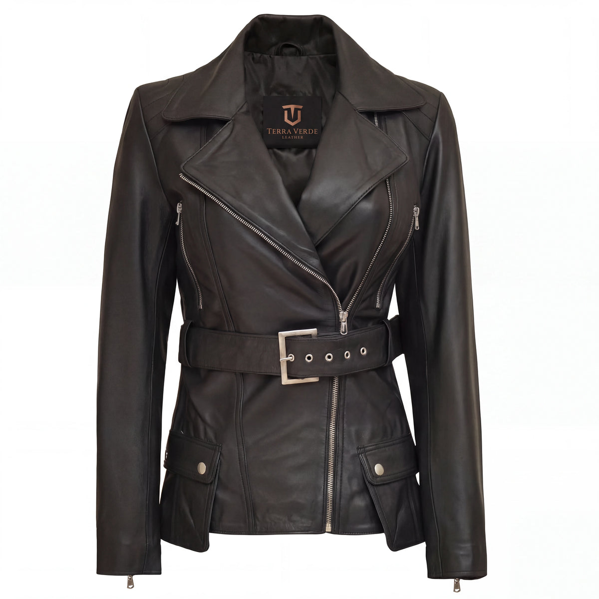 Aveline Women’s Black Belted Leather Biker Jacket