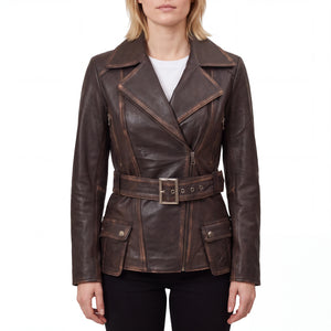 Aveline Women’s Distressed Brown Belted Leather Biker Jacket