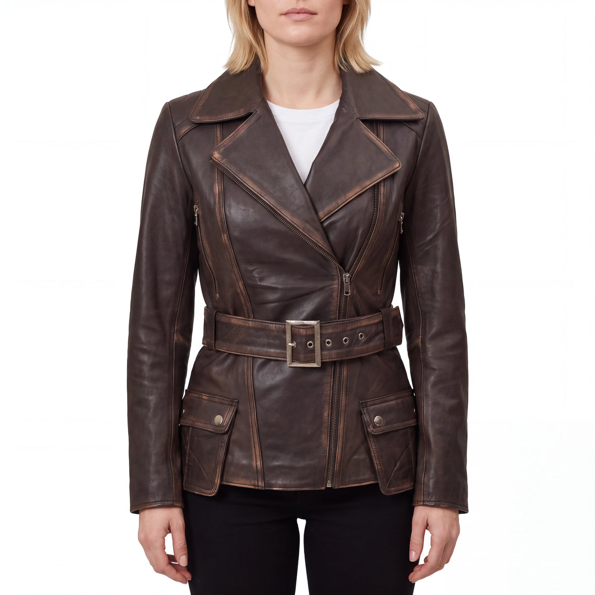 Aveline Women’s Distressed Brown Belted Leather Biker Jacket