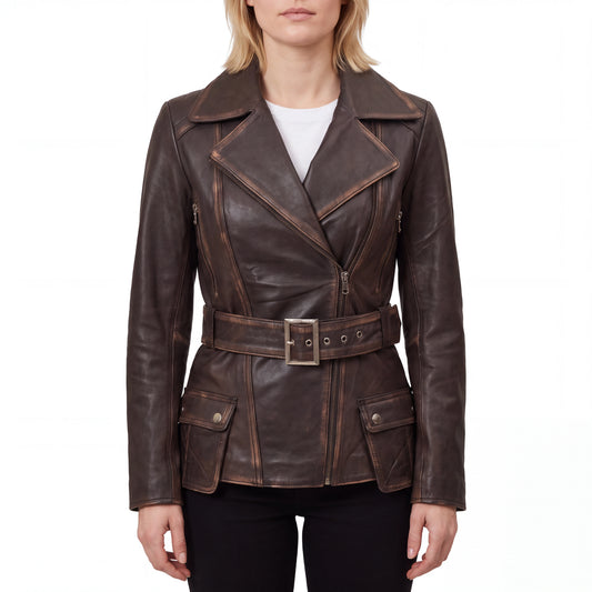 Aveline Women’s Distressed Brown Belted Leather Biker Jacket