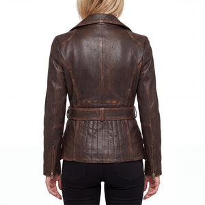Aveline Women’s Distressed Brown Belted Leather Biker Jacket