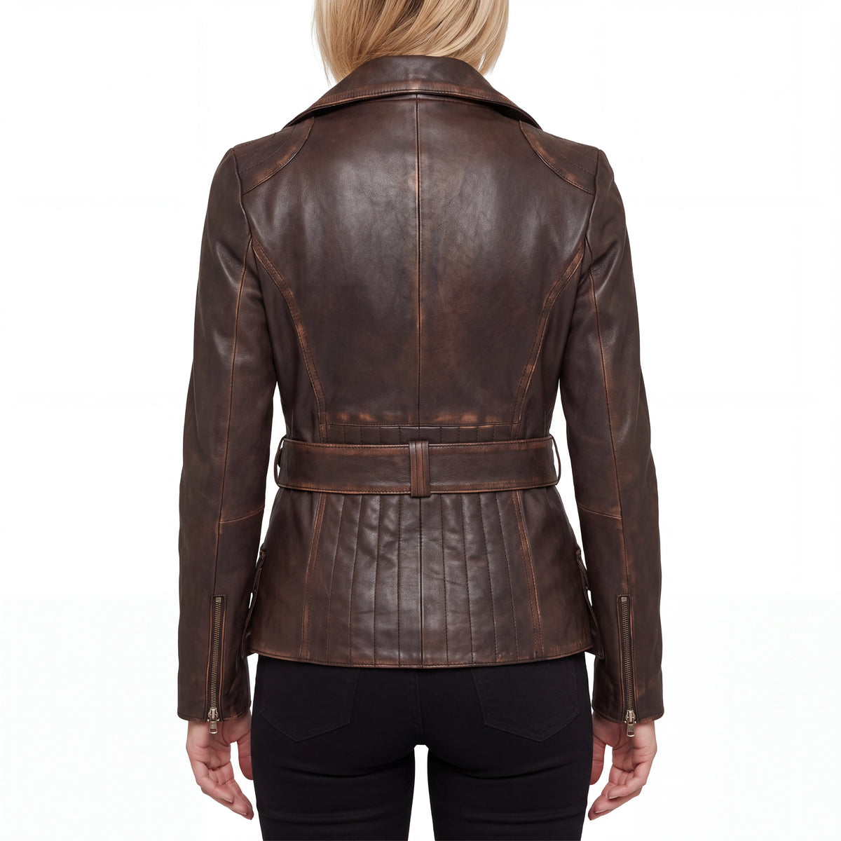 Aveline Women’s Distressed Brown Belted Leather Biker Jacket