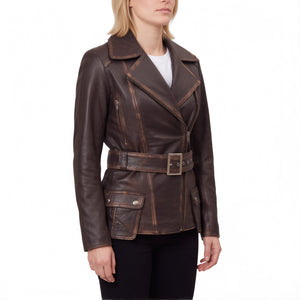 Aveline Women’s Distressed Brown Belted Leather Biker Jacket