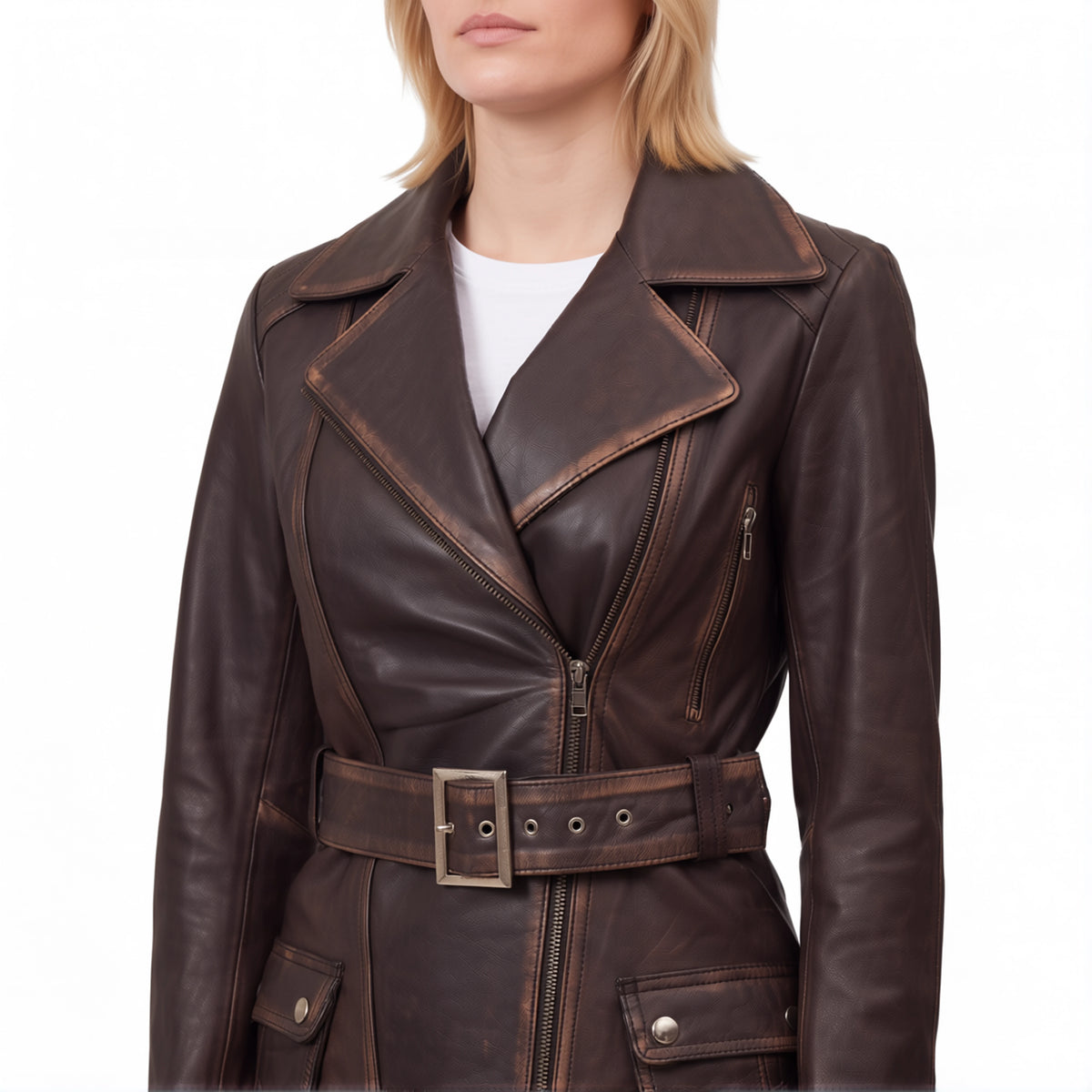 Aveline Women’s Distressed Brown Belted Leather Biker Jacket