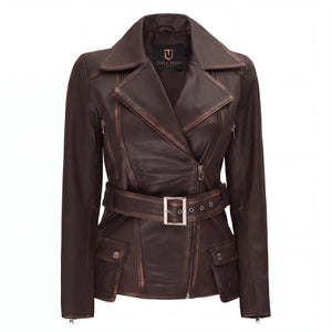 Aveline Women’s Distressed Brown Belted Leather Biker Jacket