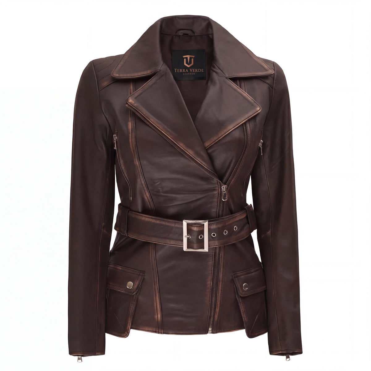 Aveline Women’s Distressed Brown Belted Leather Biker Jacket