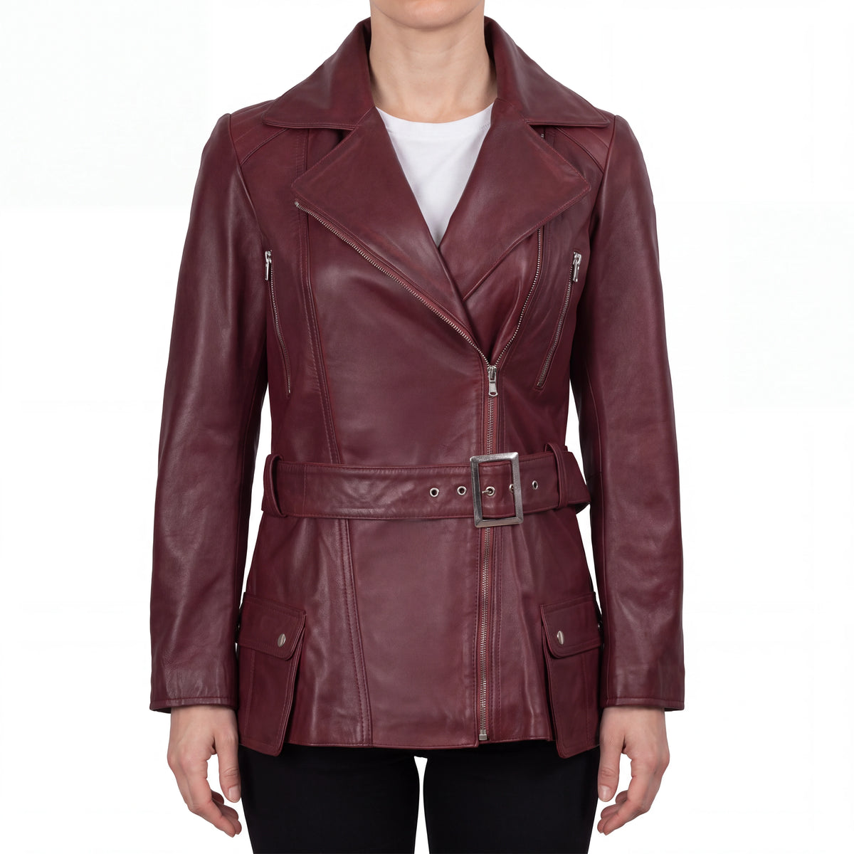 Aveline Women’s Maroon Belted Leather Biker Jacket