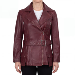 Aveline Women’s Maroon Belted Leather Biker Jacket