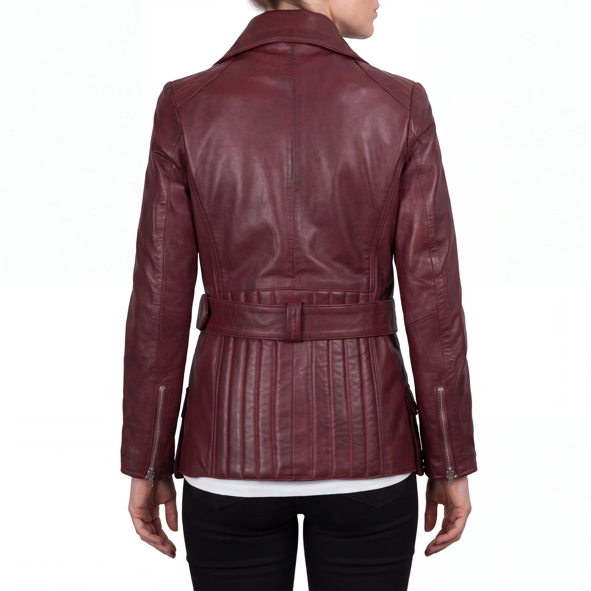Aveline Women’s Maroon Belted Leather Biker Jacket