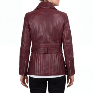 Aveline Women’s Maroon Belted Leather Biker Jacket