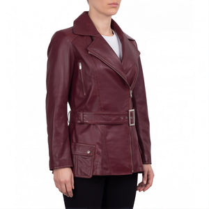 Aveline Women’s Maroon Belted Leather Biker Jacket