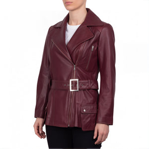 Aveline Women’s Maroon Belted Leather Biker Jacket