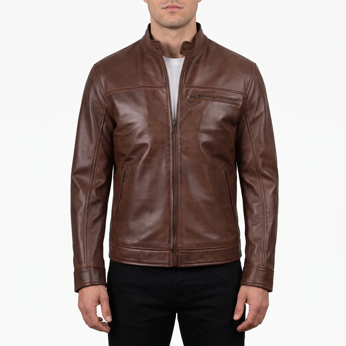 Blake Men’s Brown Cafe Racer Style Leather Biker Jacket