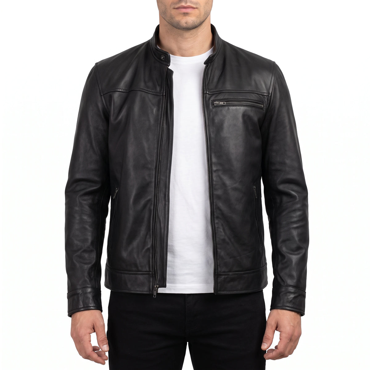 Blake Men’s Black Cafe Racer Style Leather Biker Jacket
