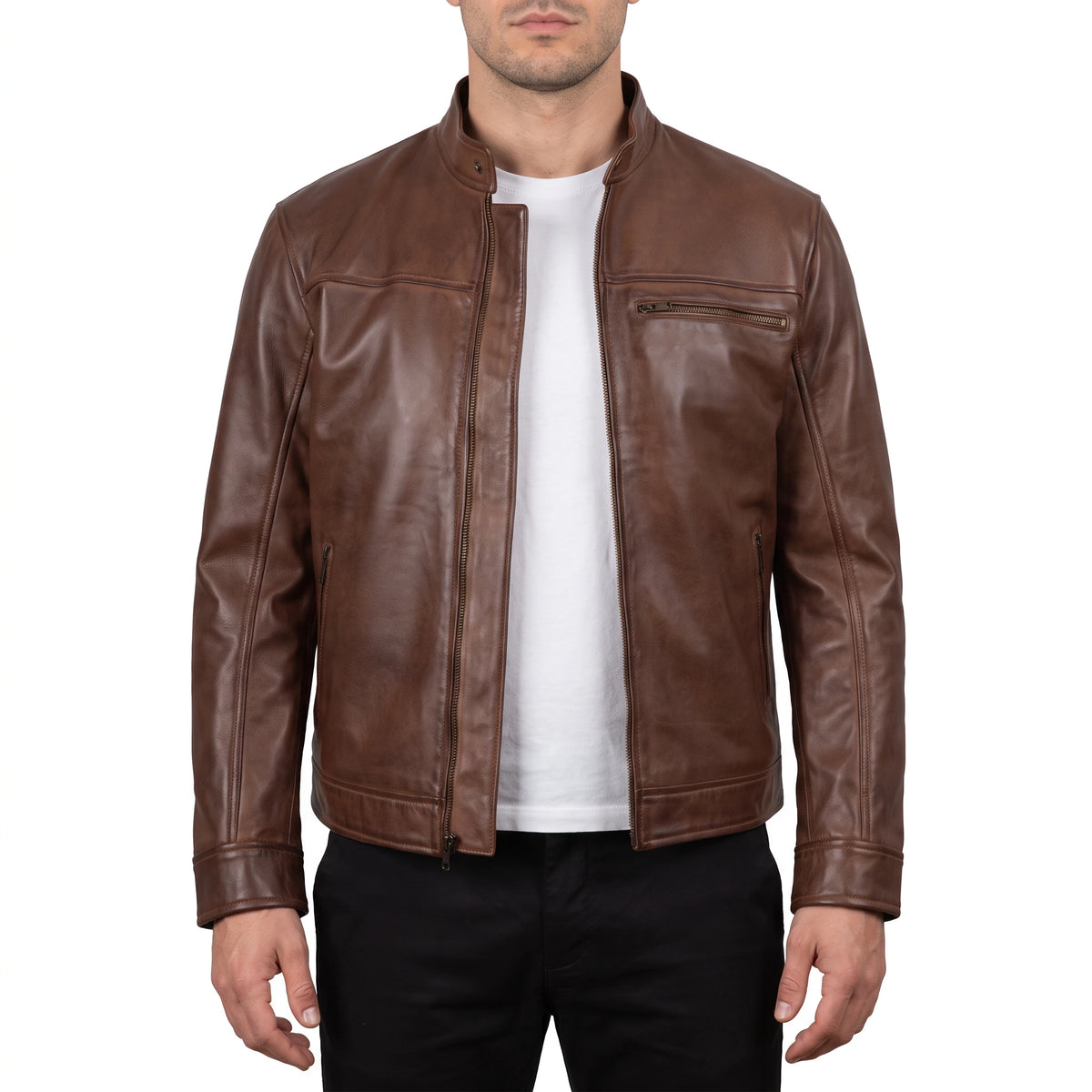 Blake Men’s Brown Cafe Racer Style Leather Biker Jacket