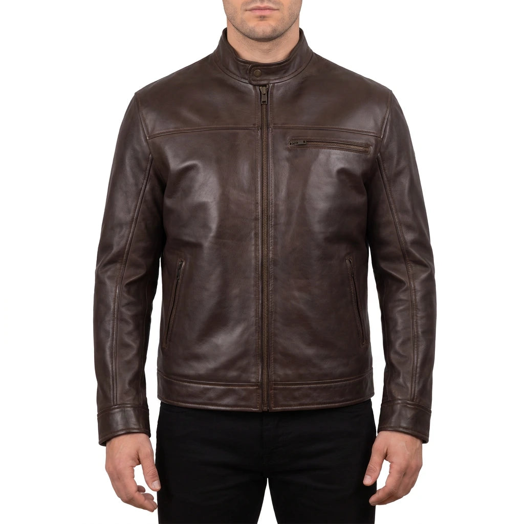 Blake Men’s Dark Brown Cafe Racer Style Leather Biker Jacket