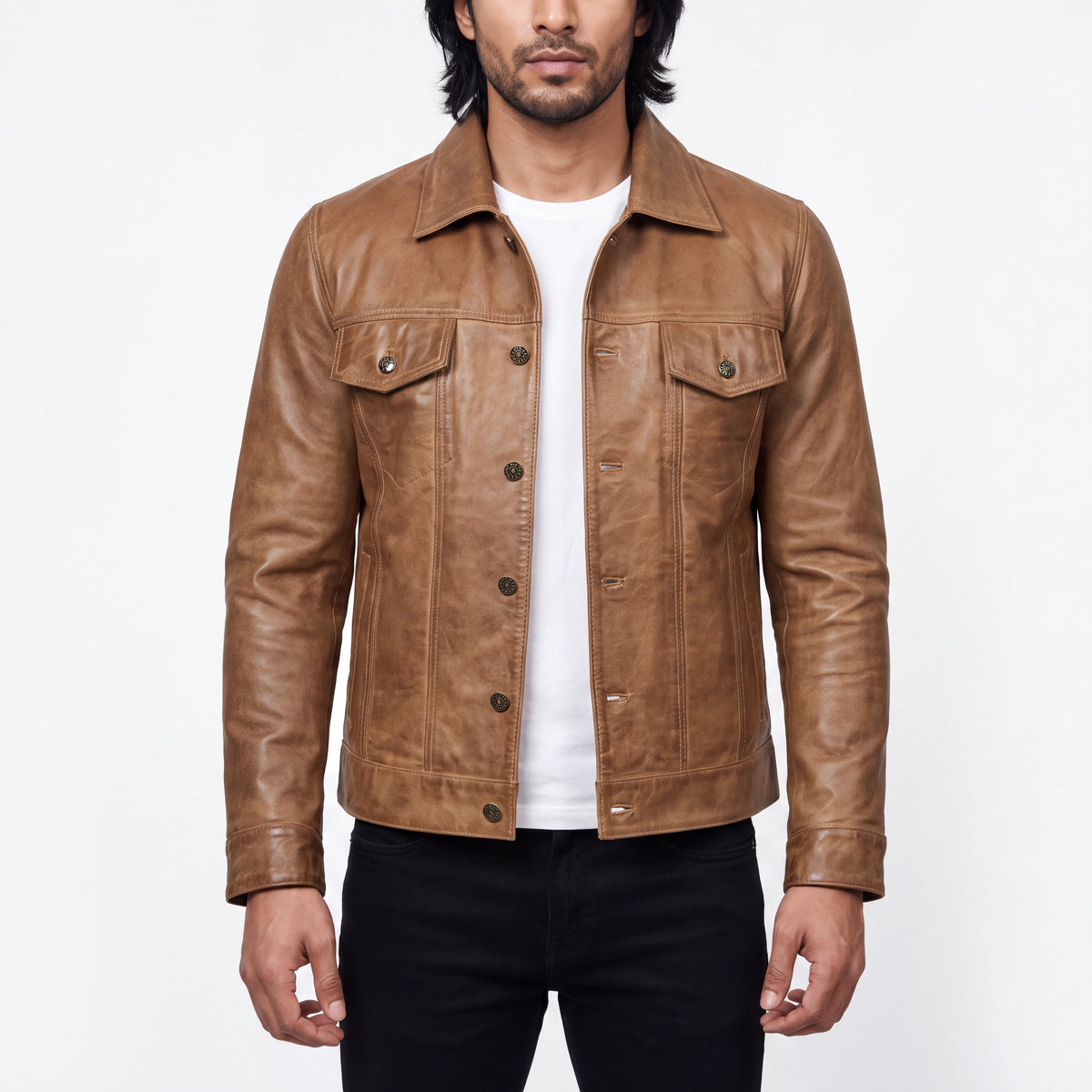 Canyon Marshal Men’s Camel Brown Leather Trucker Jacket