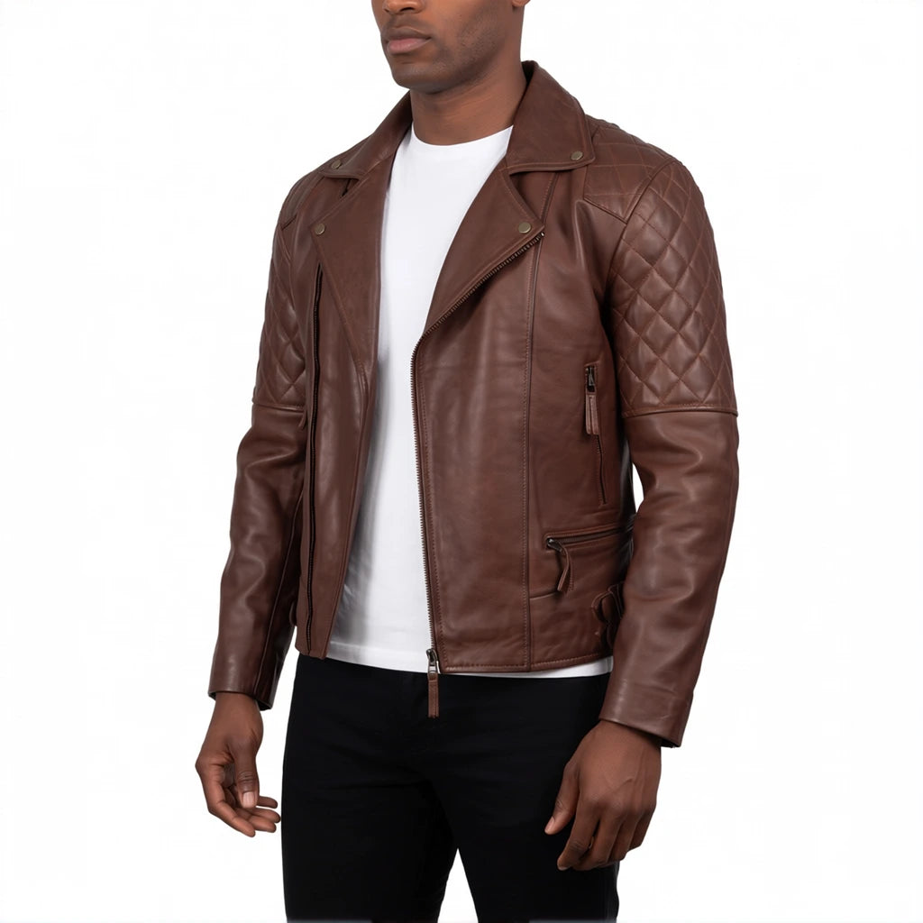 Carter Men’s Brown Asymmetrical Quilted Leather Biker Jacket