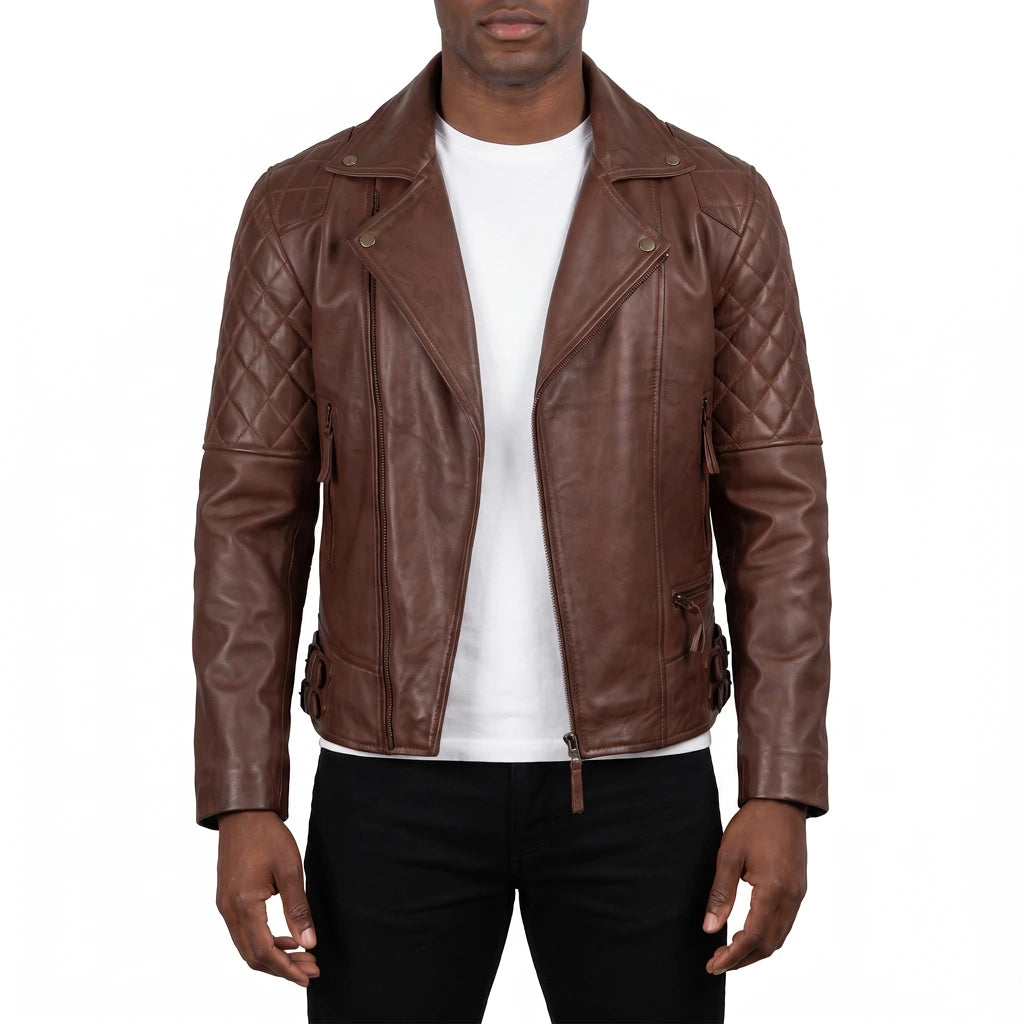 Carter Men’s Brown Asymmetrical Quilted Leather Biker Jacket