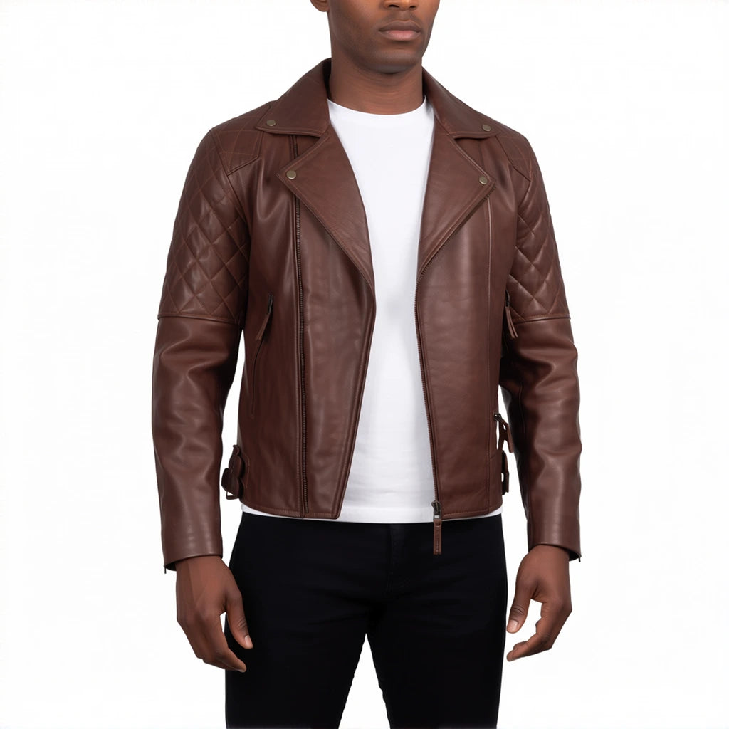 Carter Men’s Brown Asymmetrical Quilted Leather Biker Jacket