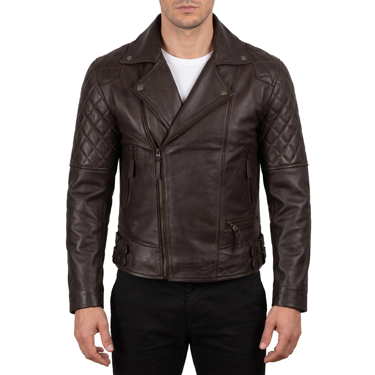 Carter Men’s Dark Brown Asymmetrical Quilted Leather Biker Jacket